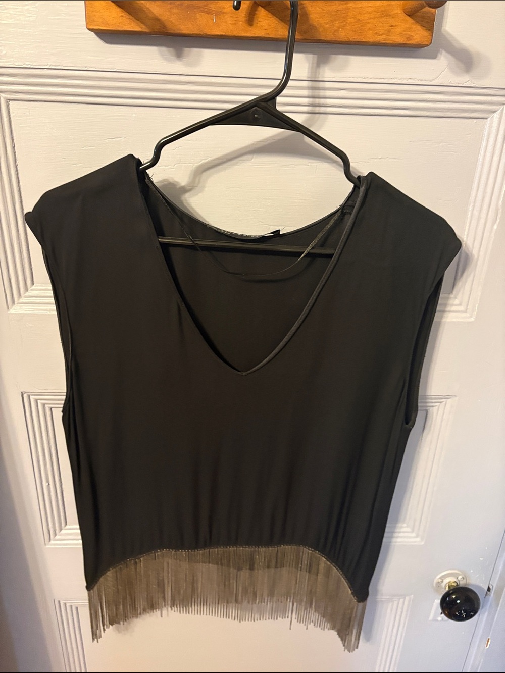 Zara Black V-Neck Metal Fringe Hem Sleeveless Top